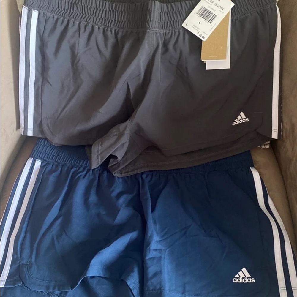 Adidas pacer shorts large 2 pair 1 blackish gray 1 blue NWT